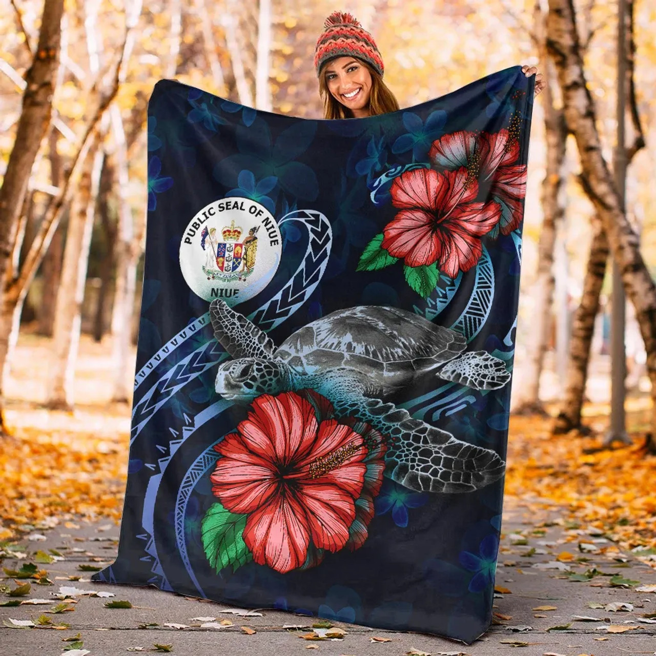 Niue Polynesian Premium Blanket - Blue Turtle Hibiscus 4