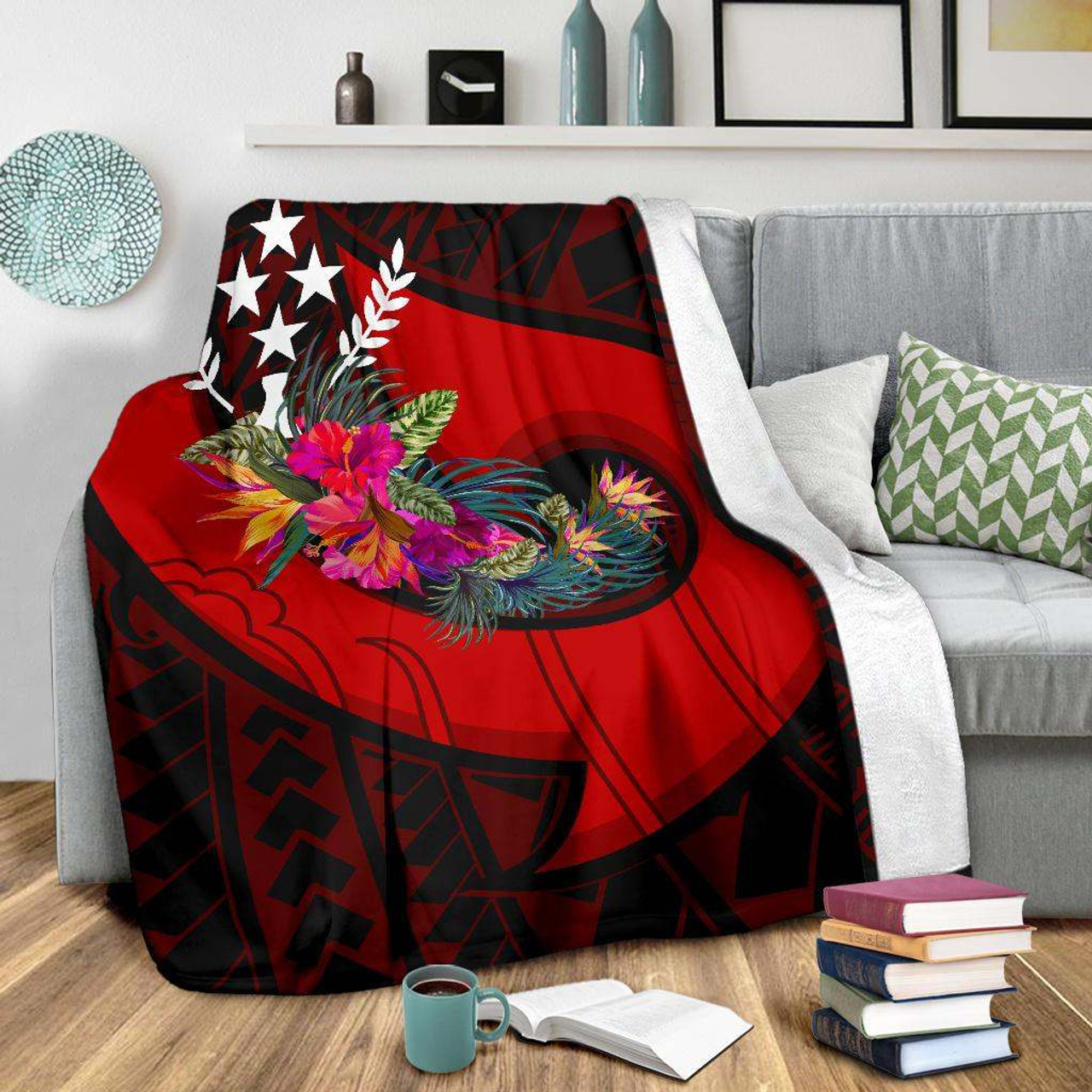 Kosrae Premium Blanket - Polynesian Hook And Hibiscus (Red) 3