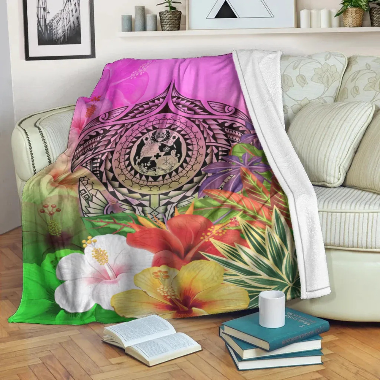 Tonga Premium Blanket - Manta Ray Tropical Flowers 2