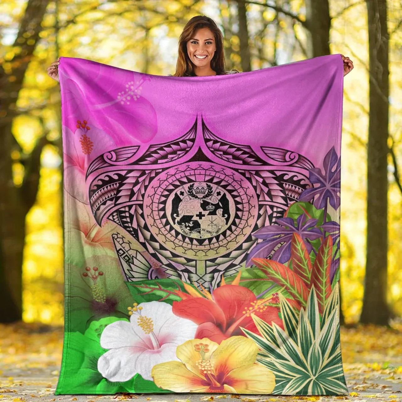 Tonga Premium Blanket - Manta Ray Tropical Flowers 5
