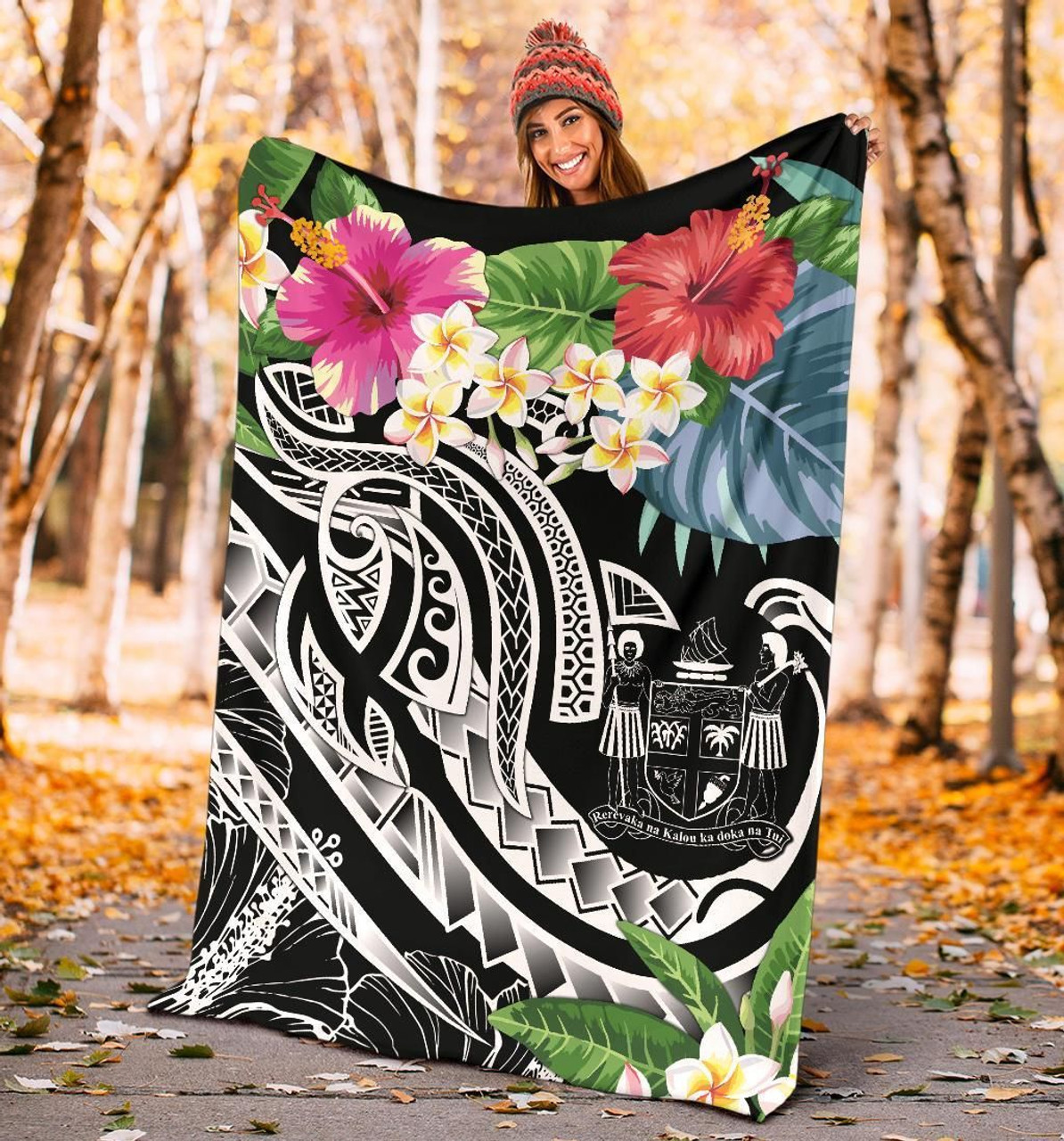 Fiji Polynesian Premium Blanket - Summer Plumeria (Black) 4