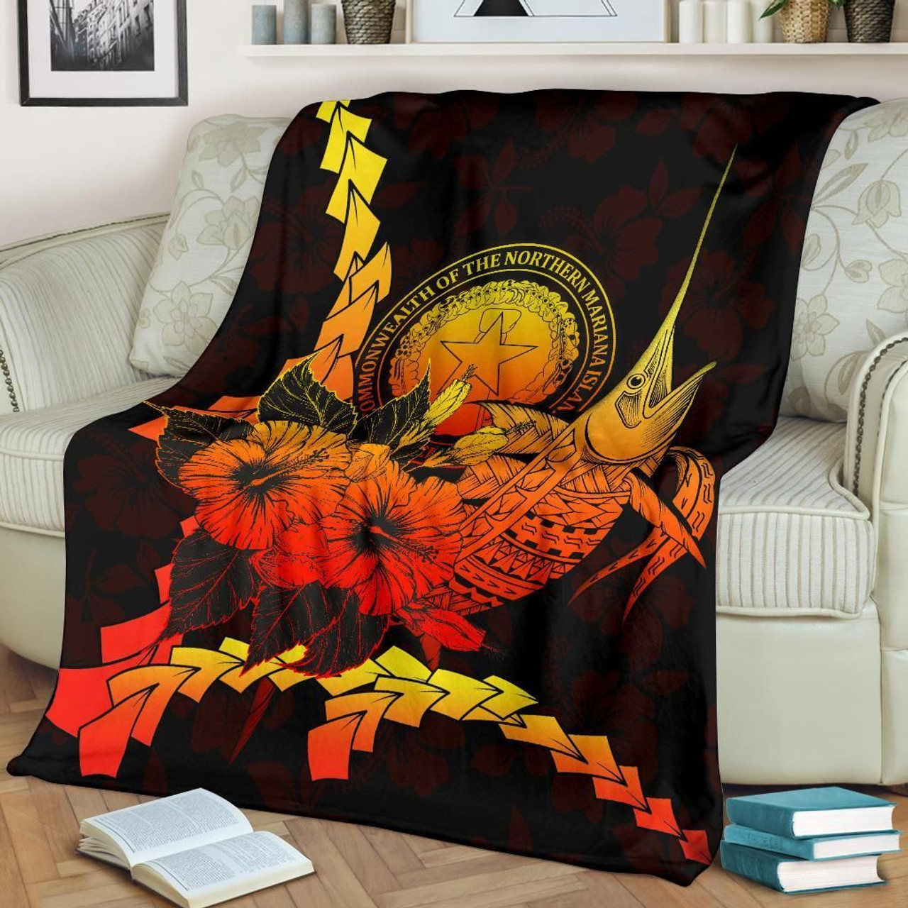 Northern Mariana Islands Polynesian Premium Blanket - Swordfish With Hibiscus 2