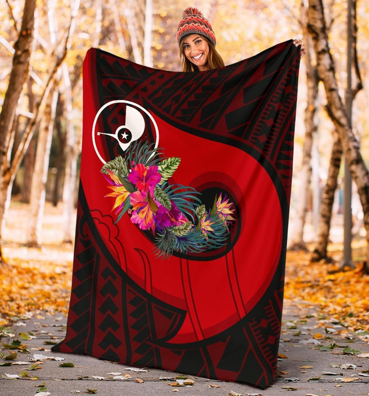 Yap Premium Blanket - Polynesian Hook And Hibiscus (Red) 4