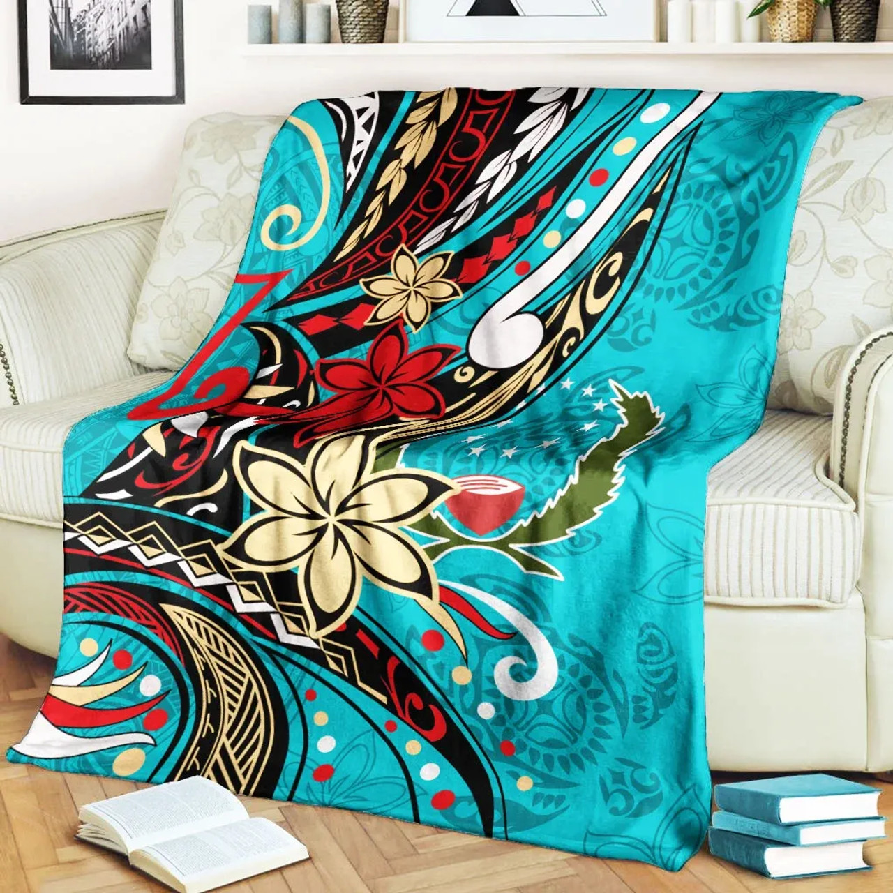 Pohnpei Premium Blanket - Tribal Flower With Special Turtles Blue Color 2