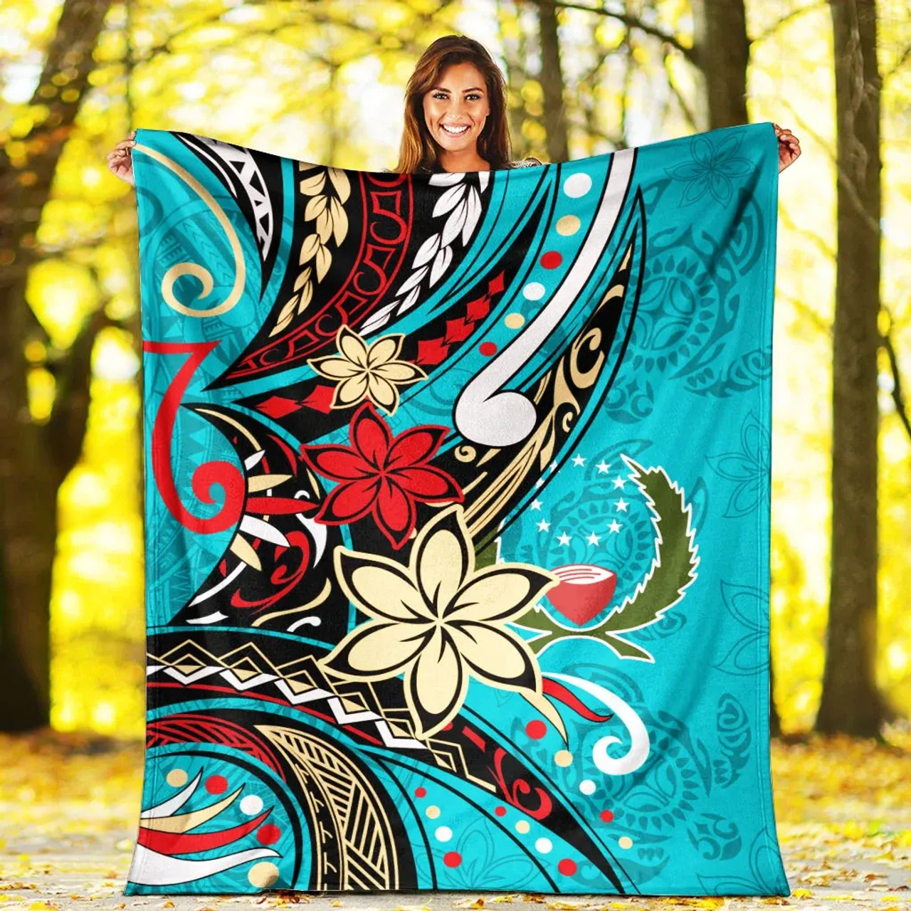 Pohnpei Premium Blanket - Tribal Flower With Special Turtles Blue Color 5