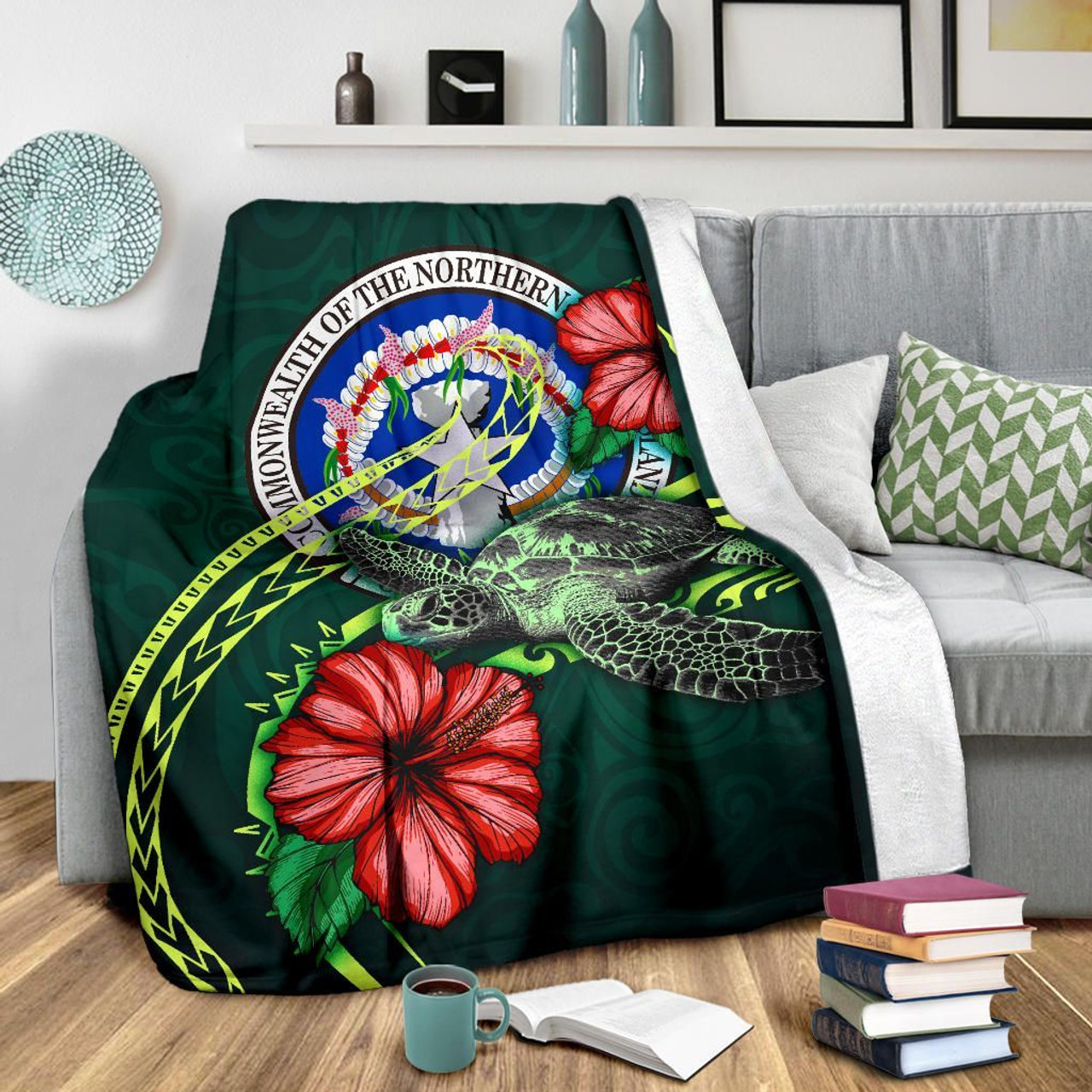 Northern Mariana Islands Polynesian Premium Blanket - Green Turtle Hibiscus 3