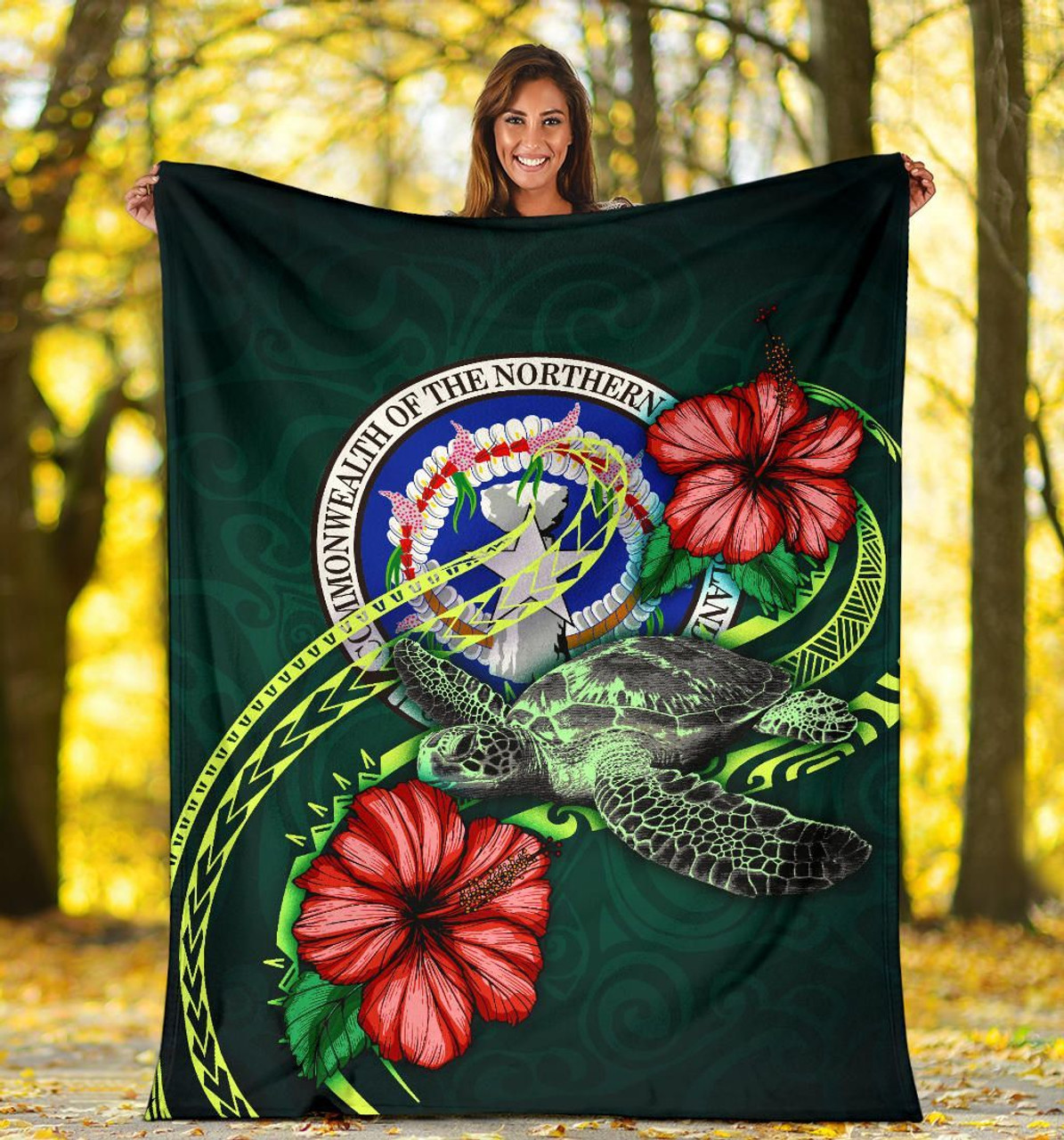 Northern Mariana Islands Polynesian Premium Blanket - Green Turtle Hibiscus 5