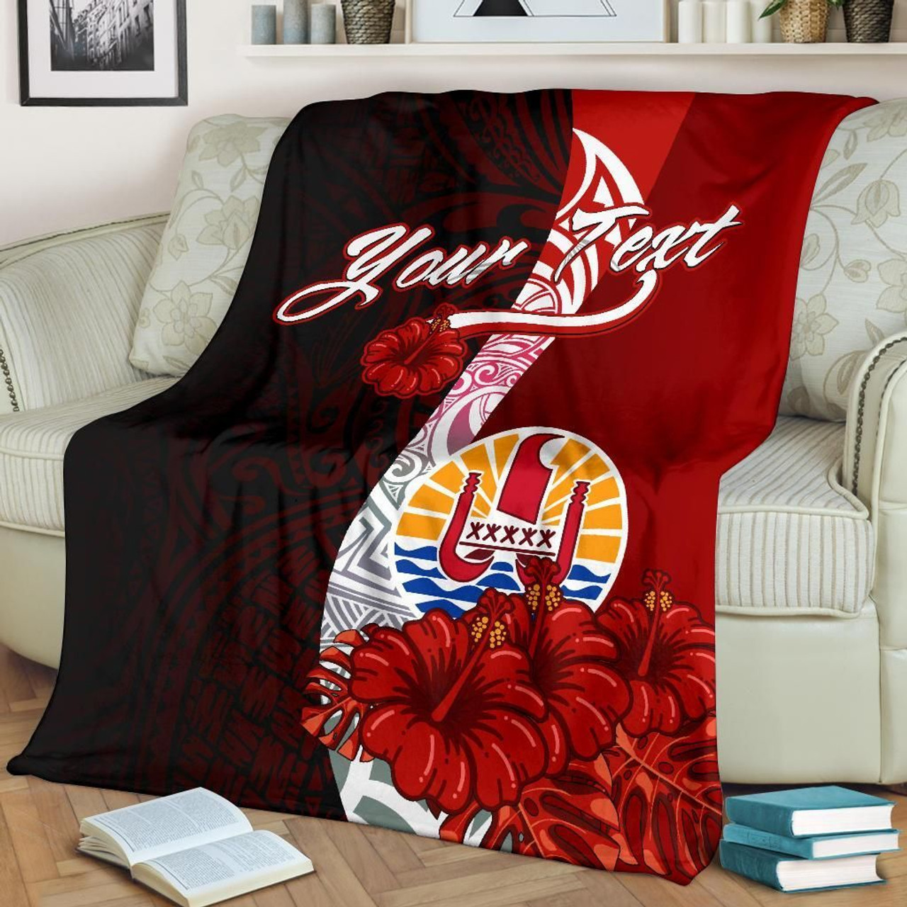 Tahiti Polynesian Custom Personalised Premium Blanket - Coat Of Arm With Hibiscus 3