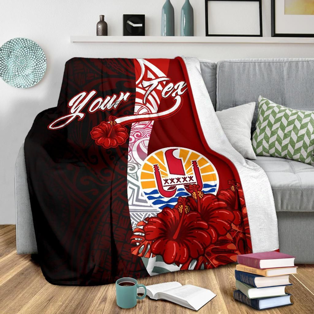 Tahiti Polynesian Custom Personalised Premium Blanket - Coat Of Arm With Hibiscus 4