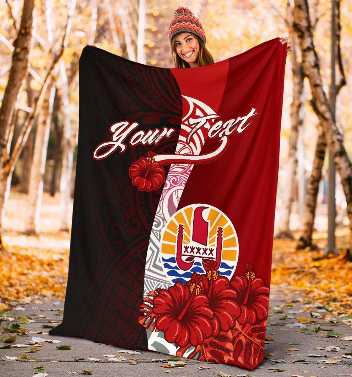 Tahiti Polynesian Custom Personalised Premium Blanket - Coat Of Arm With Hibiscus 5