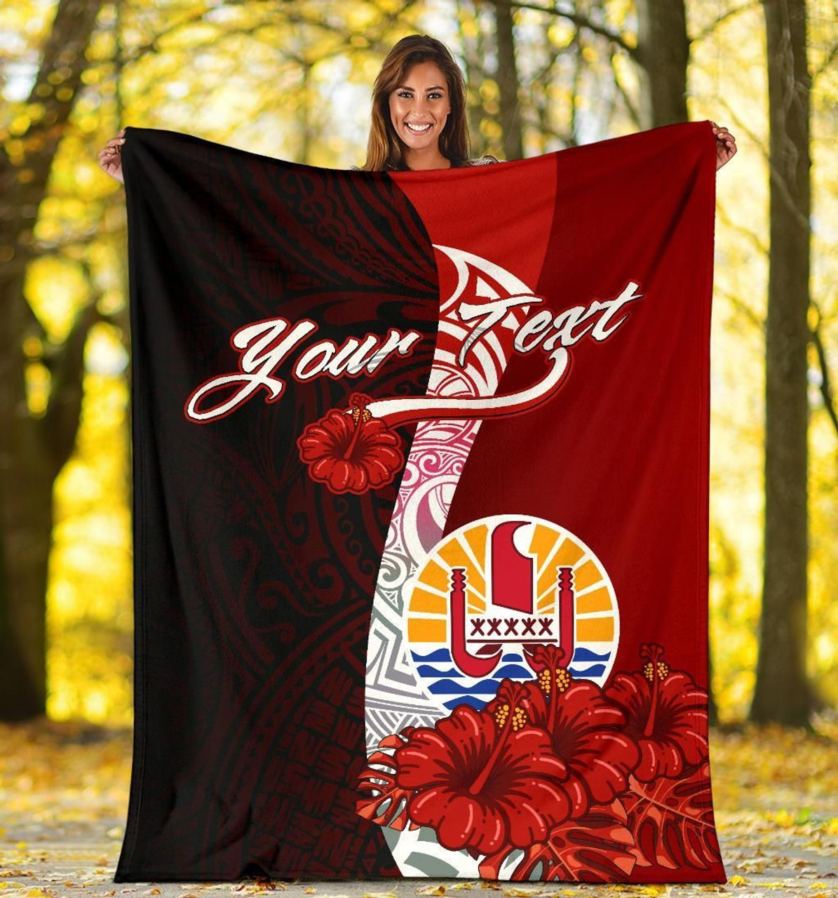 Tahiti Polynesian Custom Personalised Premium Blanket - Coat Of Arm With Hibiscus 6