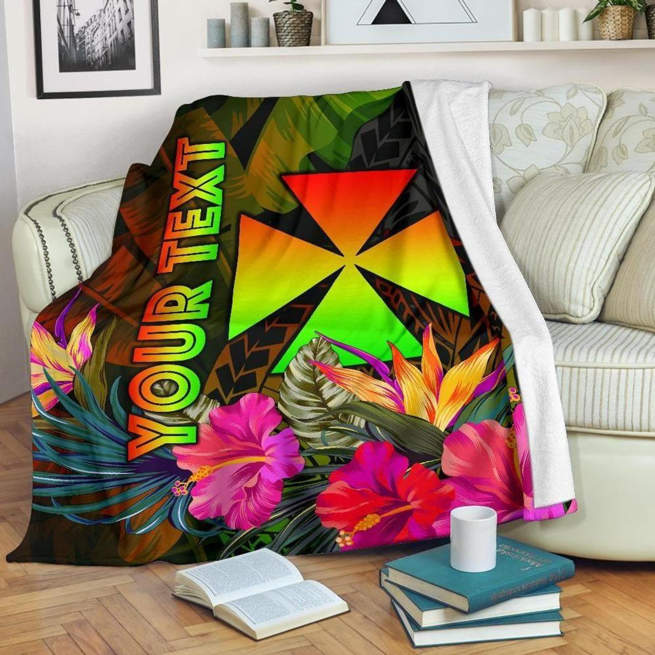 Wallis and Futuna Polynesian Personalised Premium Blanket - Hibiscus and Banana Leaves 1