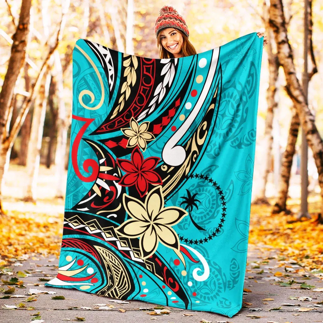 Chuuk State Premium Blanket - Tribal Flower With Special Turtles Blue Color 4