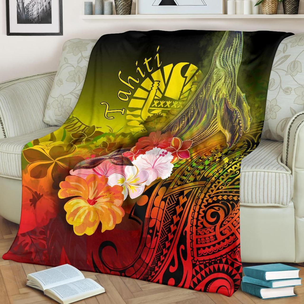 Tahiti Premium Blanket - Humpback Whale with Tropical Flowers (Yellow) 2