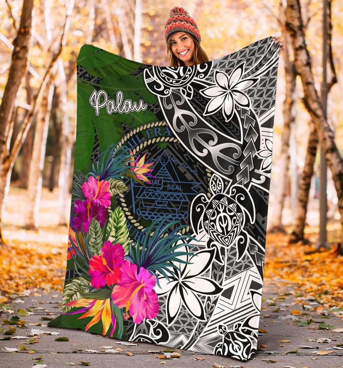 Palau Premium Blanket - Turtle Plumeria Banana Leaf Crest 4