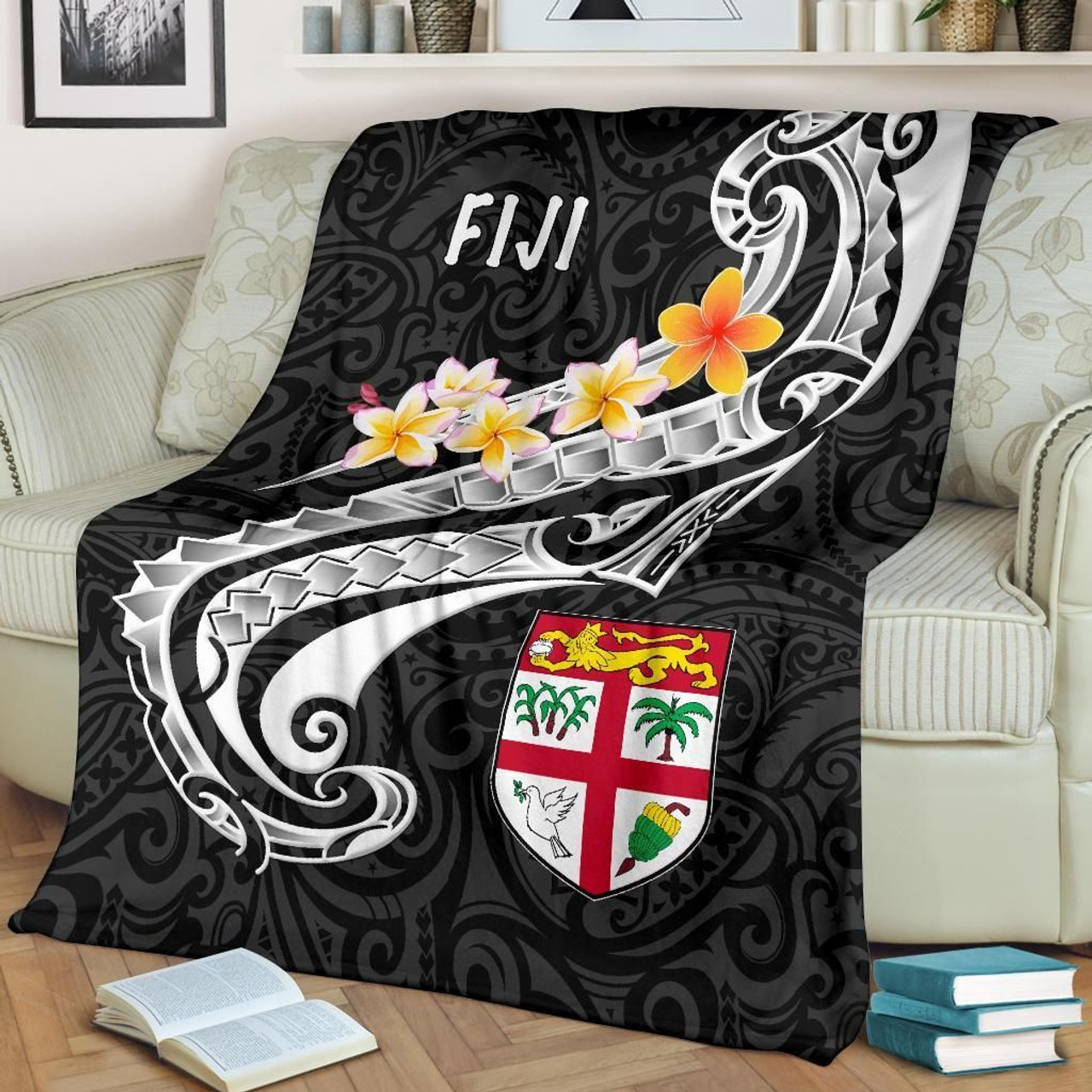 Fiji Premium Blanket- Fiji Seal  Polynesian Patterns Plumeria  (Black) 1