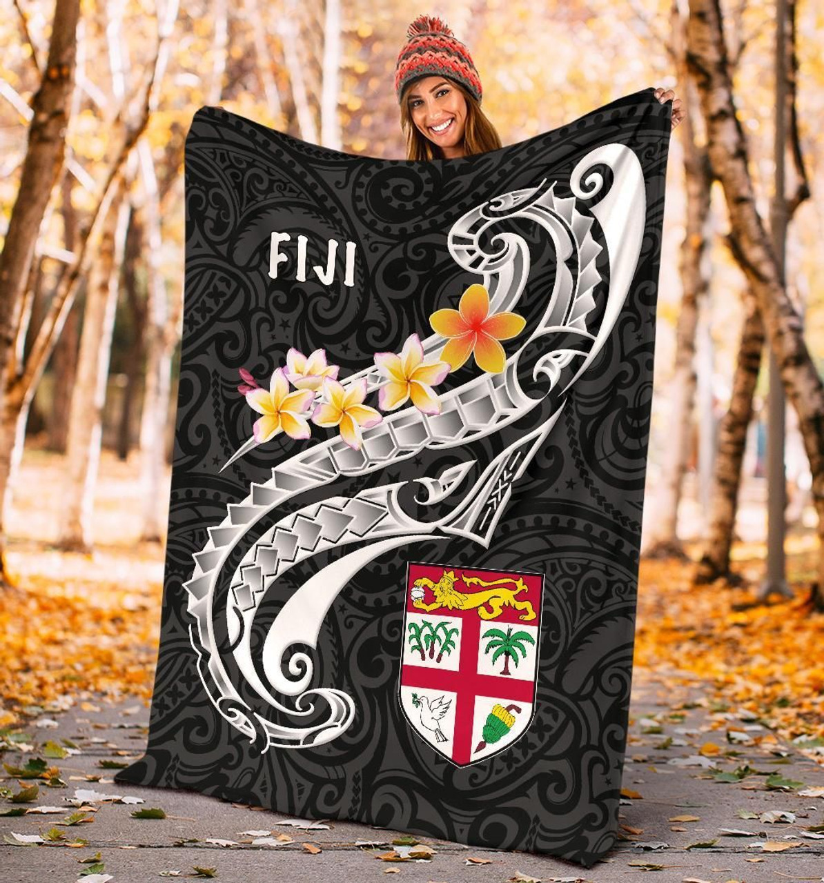 Fiji Premium Blanket- Fiji Seal  Polynesian Patterns Plumeria  (Black) 4