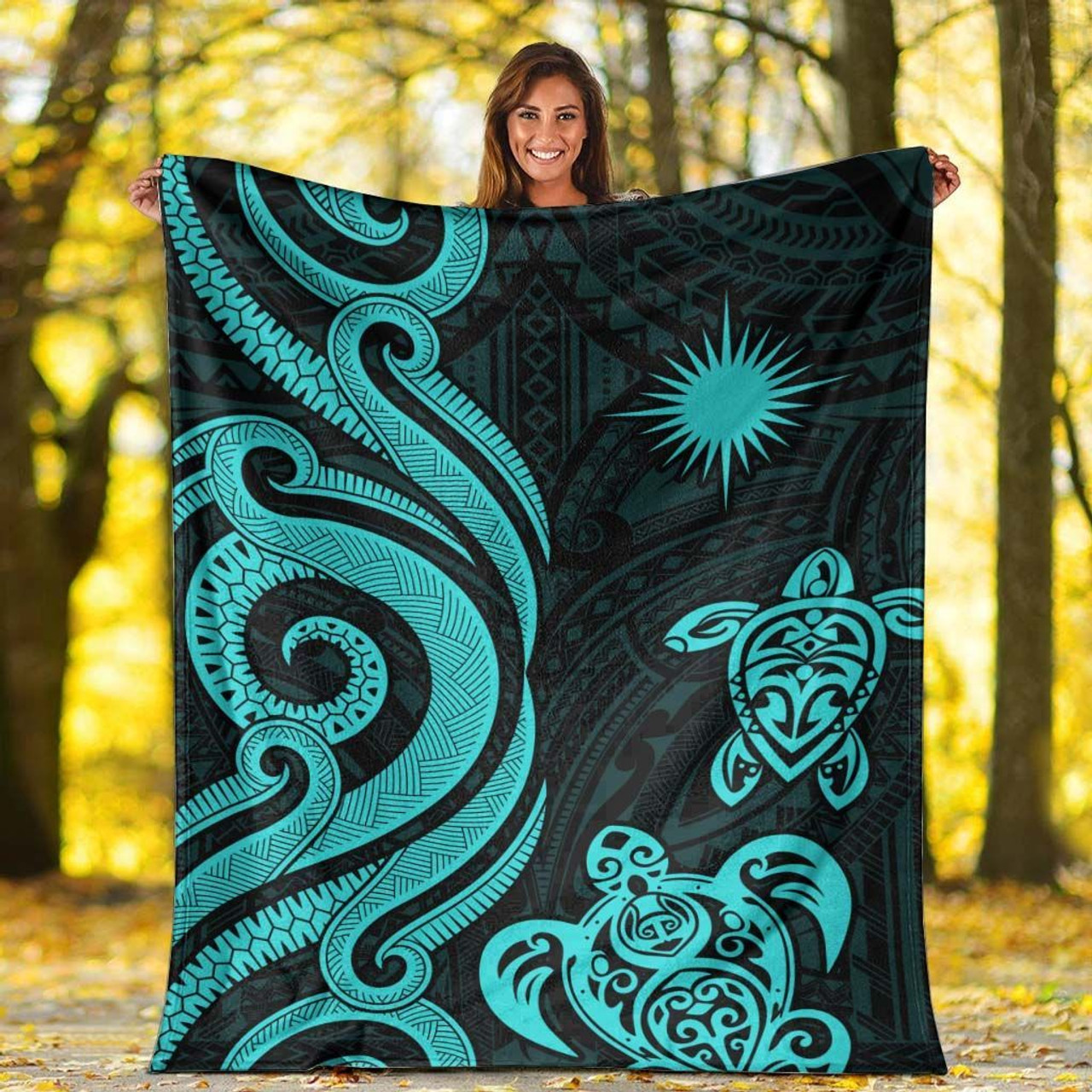 Marshall Islands Premium Blanket - Turquoise Tentacle Turtle Crest 2