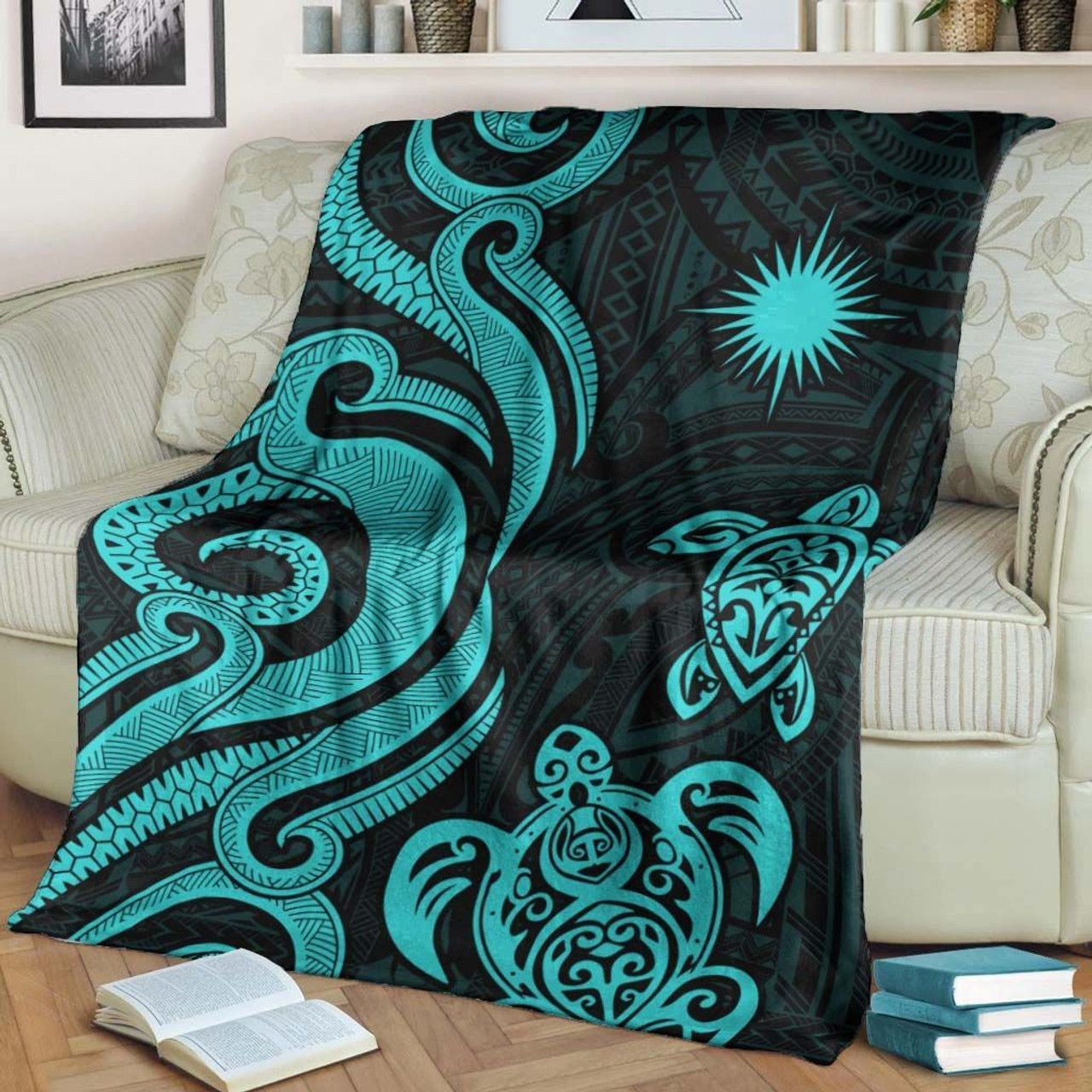 Marshall Islands Premium Blanket - Turquoise Tentacle Turtle Crest 4