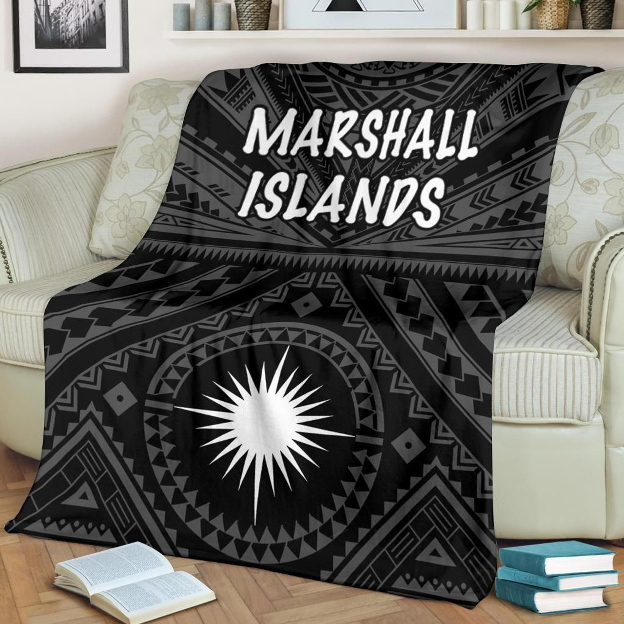 Marshall Premium Blanket - Marshall Seal With Polynesian Tattoo Style (Black) 1
