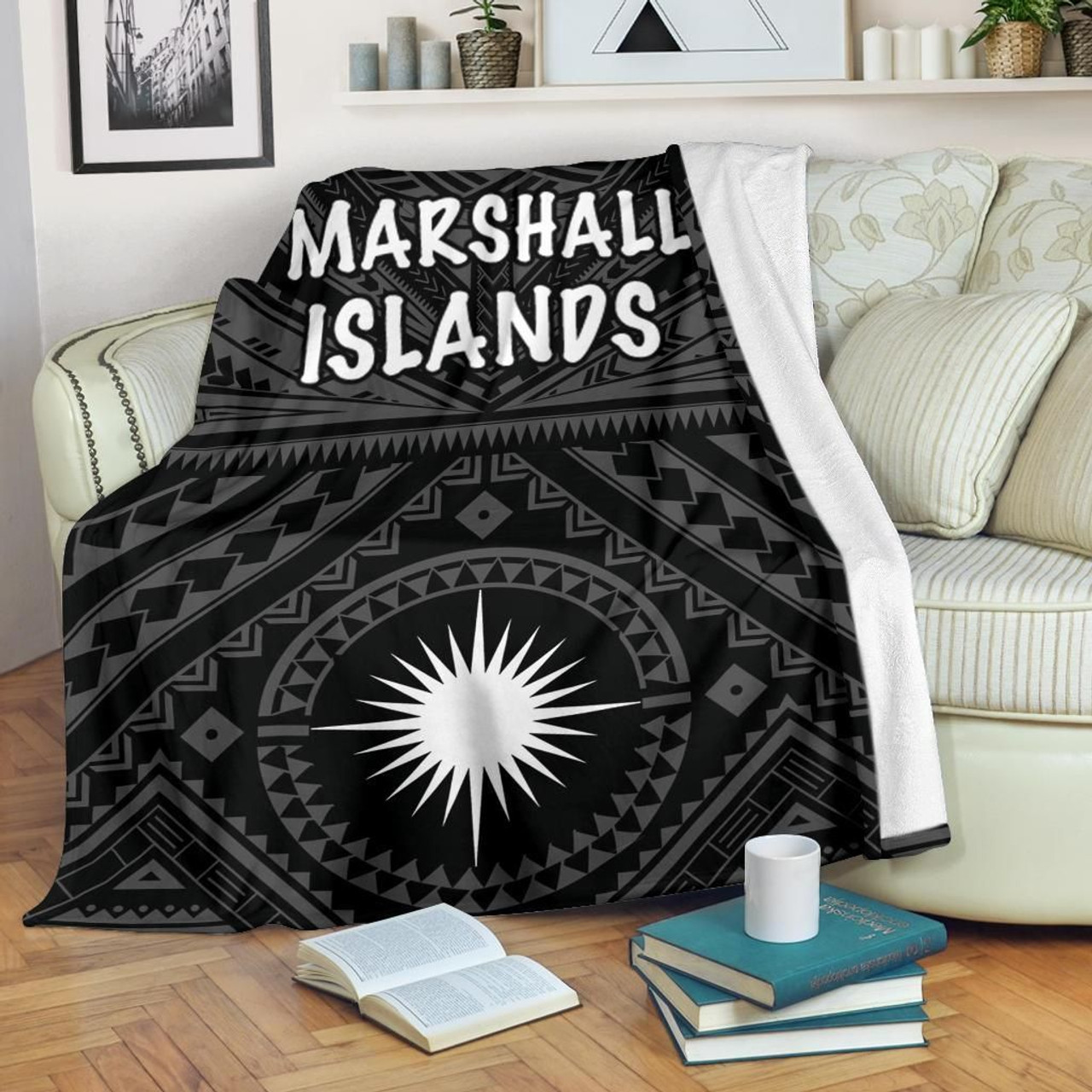 Marshall Premium Blanket - Marshall Seal With Polynesian Tattoo Style (Black) 2