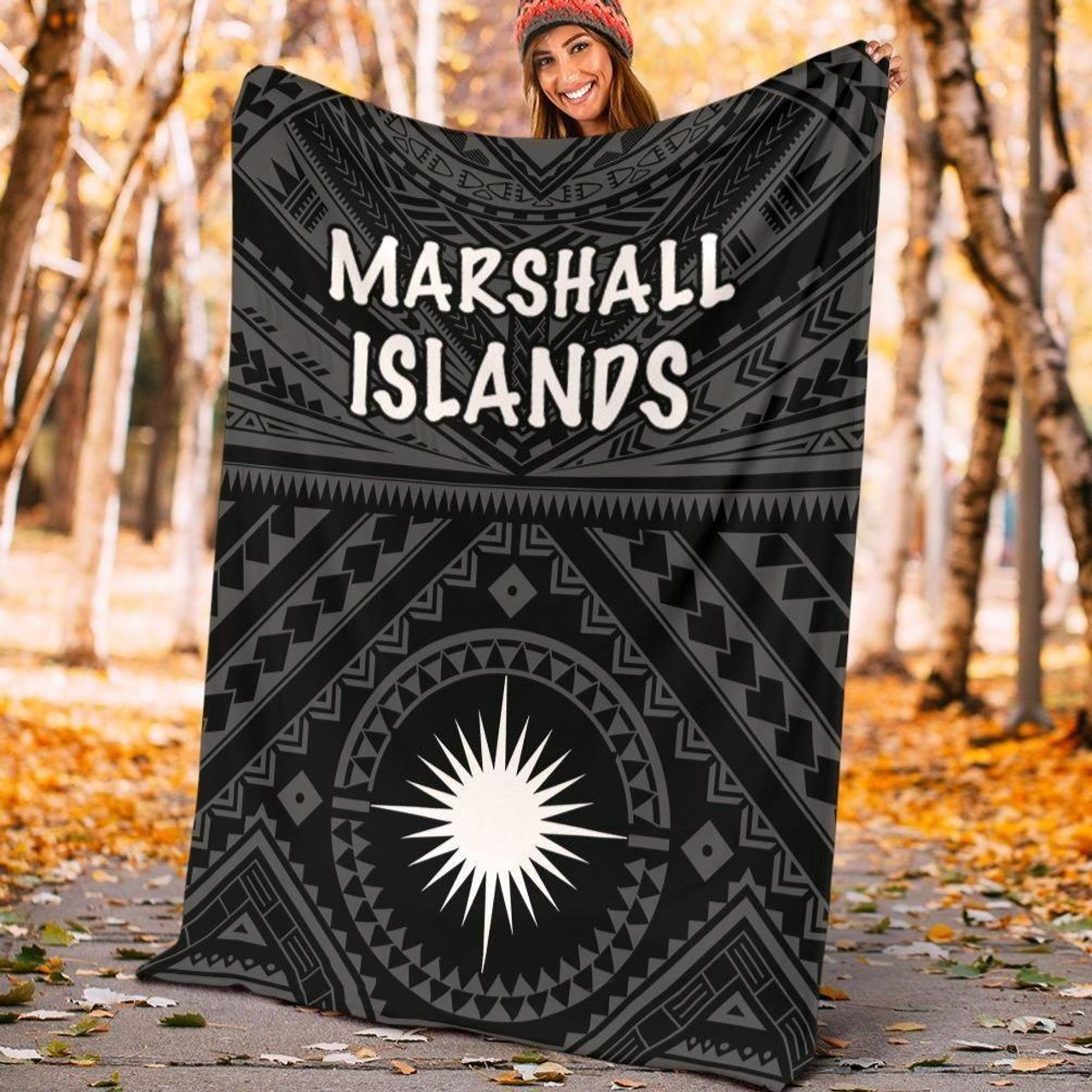 Marshall Premium Blanket - Marshall Seal With Polynesian Tattoo Style (Black) 4