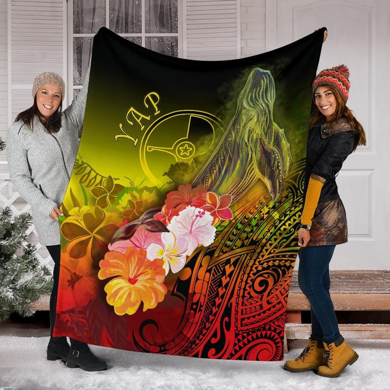 Yap Premium Blanket - Humpback Whale with Tropical Flowers (Yellow) 6
