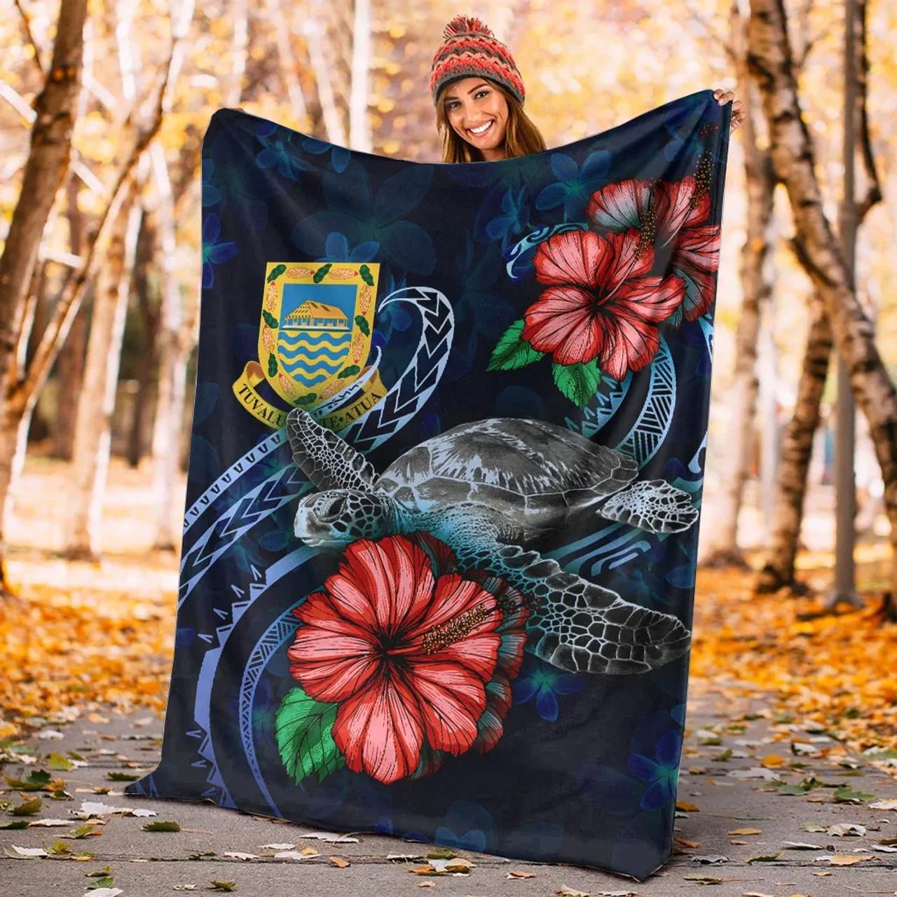 Tuvalu Polynesian Premium Blanket - Blue Turtle Hibiscus 4