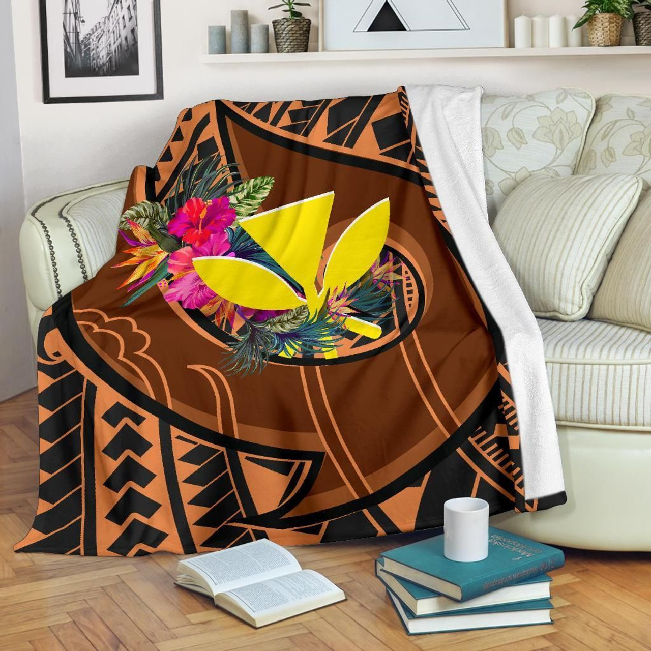 Hawaii Kanaka Maoli Premium Blanket - Polynesian Hook And Hibiscus 2