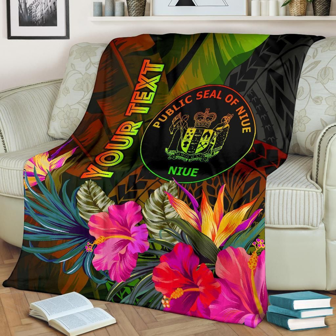 Niue Polynesian Personalised Premium Blanket - Hibiscus and Banana Leaves 2