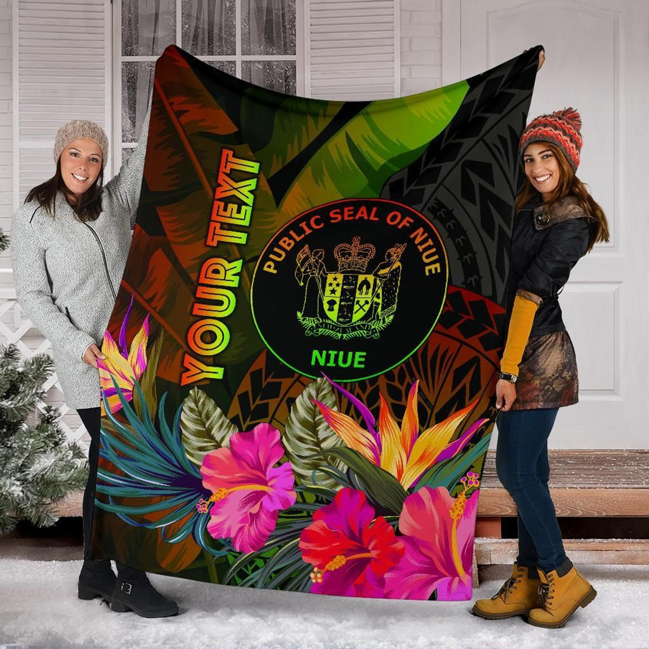 Niue Polynesian Personalised Premium Blanket - Hibiscus and Banana Leaves 6