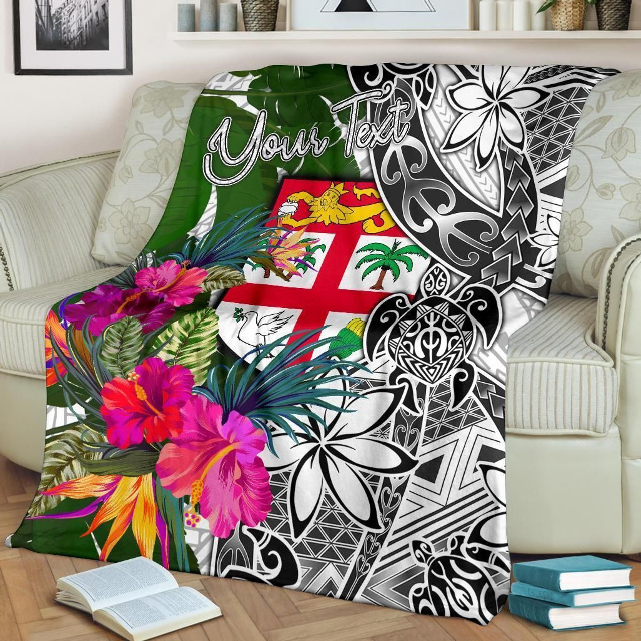 Fiji Custom Personalised Premium Blanket White - Turtle Plumeria Banana Leaf 3