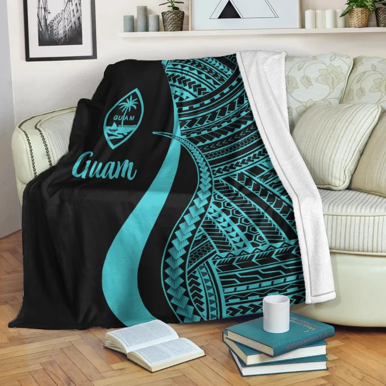 Guam Premium Blanket - Turquoise Polynesian Tentacle Tribal Pattern 2