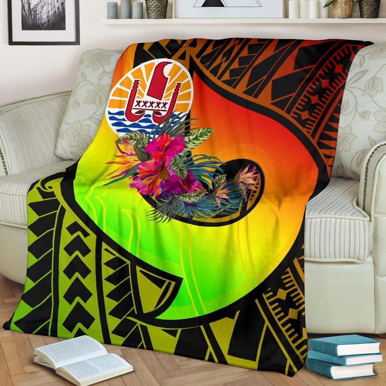 Tahiti Premium Blanket - Polynesian Hook And Hibiscus (Raggae) 1