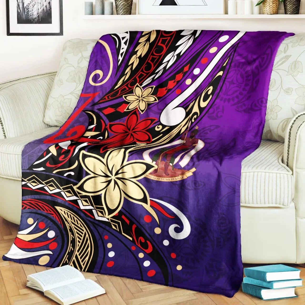 Vanuatu Premium Blanket - Tribal Flower With Special Turtles Purple Color 2
