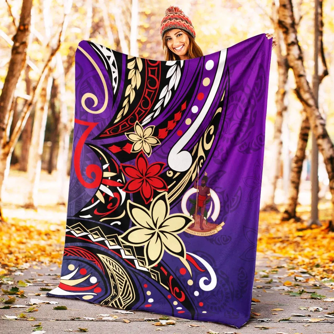 Vanuatu Premium Blanket - Tribal Flower With Special Turtles Purple Color 4