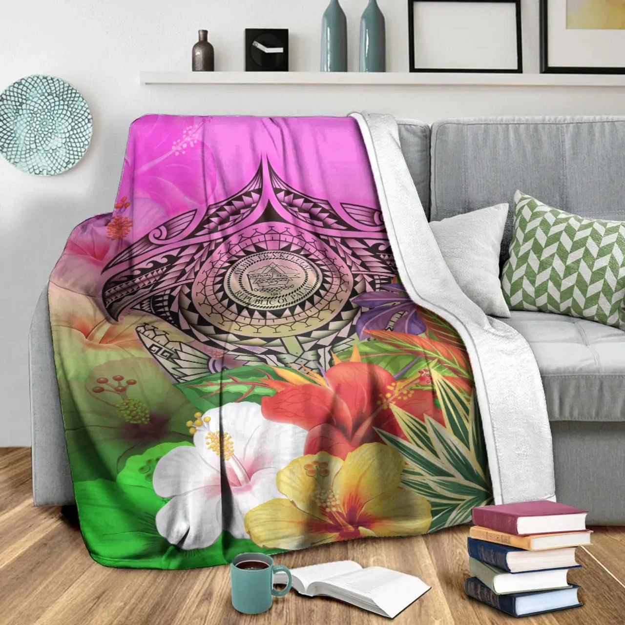 Palau Polynesian Premium Blanket - Manta Ray Tropical Flowers 1