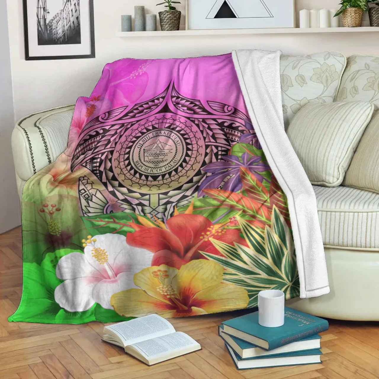 Palau Polynesian Premium Blanket - Manta Ray Tropical Flowers 2