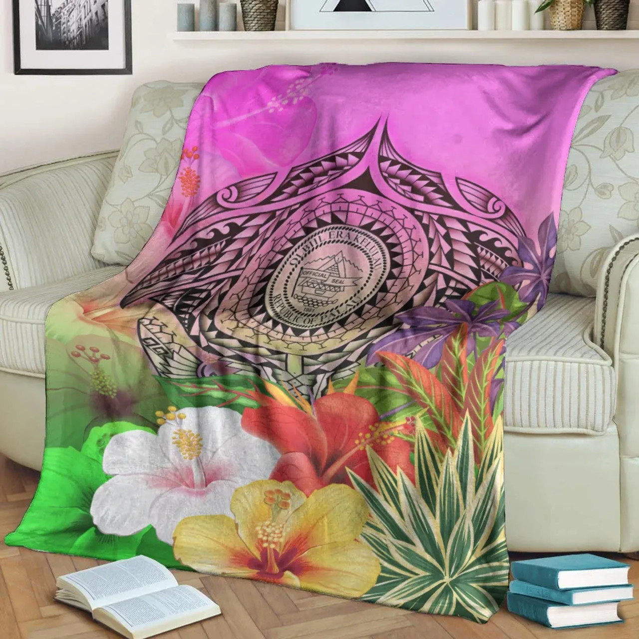 Palau Polynesian Premium Blanket - Manta Ray Tropical Flowers 3