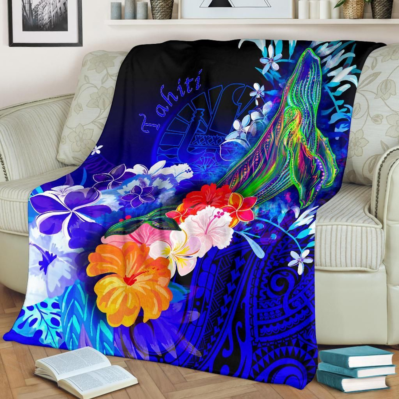 Tahiti Premium Blanket- Humpback Whale with Tropical Flowers (Blue) 2