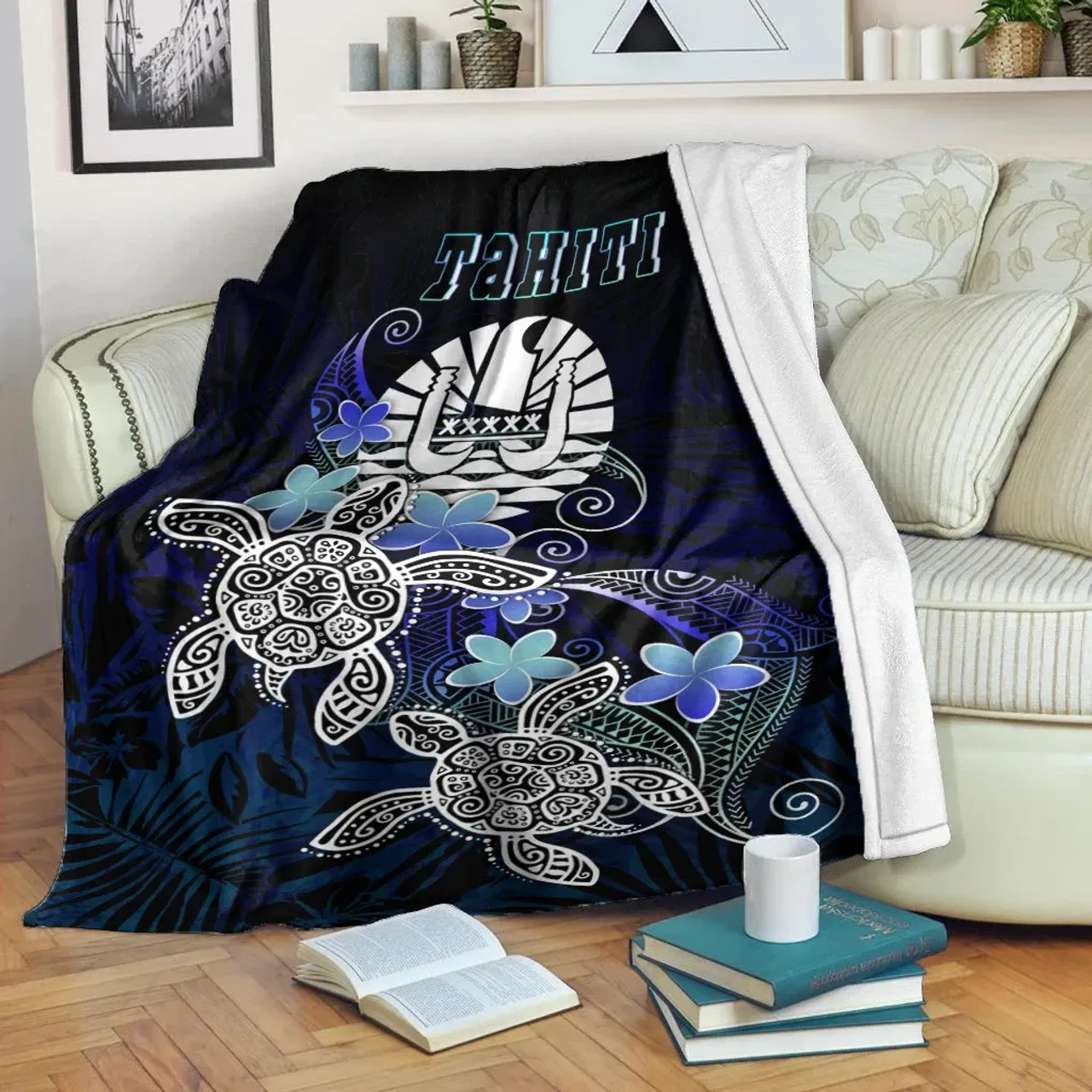 Tahiti Polynesian Premium Blanket - Blue Turtle Couple 1