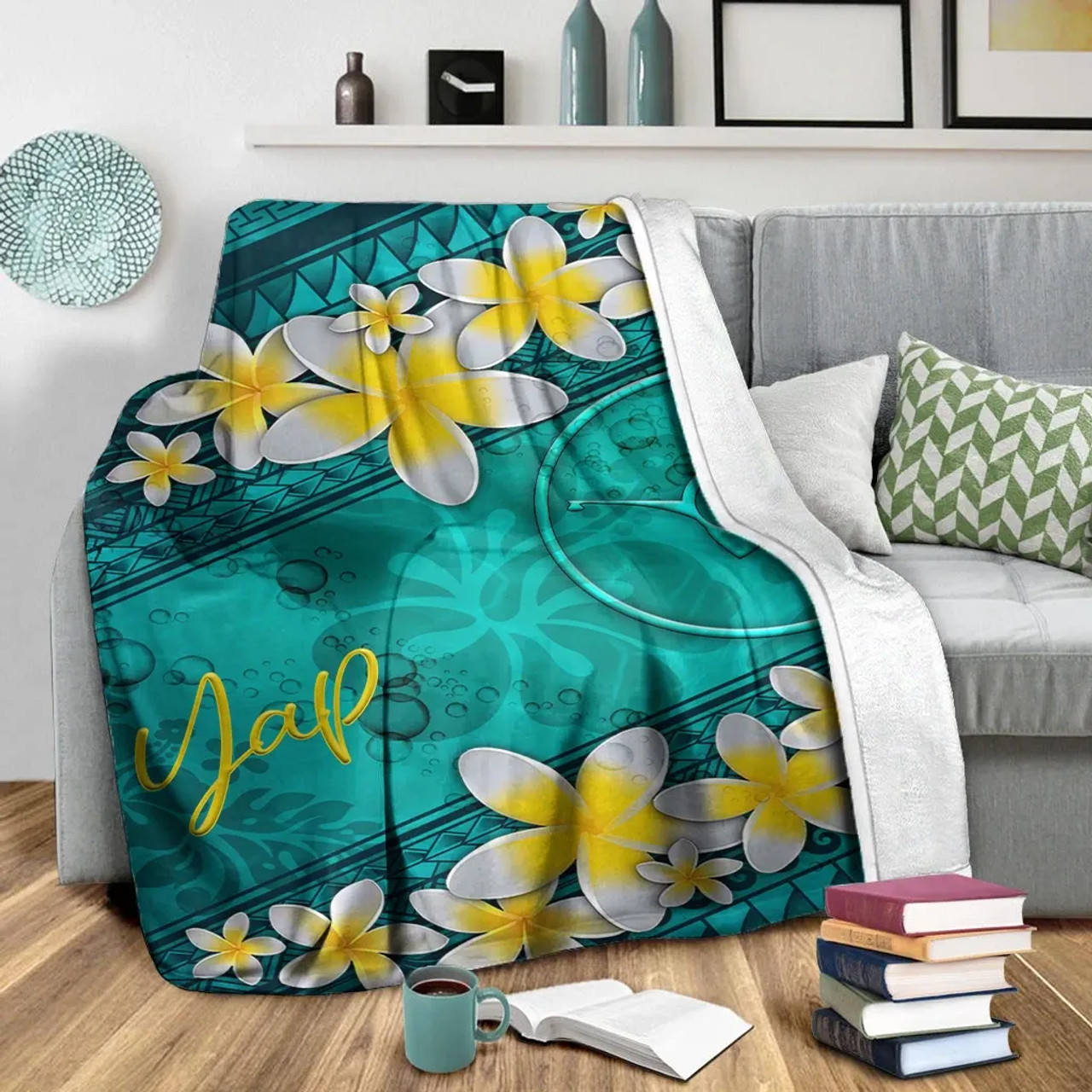 Yap Polynesian Blanket - Plumeria With Blue Ocean 4