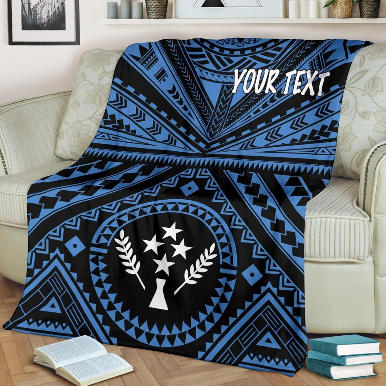 Kosrae Personalised Premium Blanket - Kosrae Flag In Polynesian Tattoo Style (Blue) 1