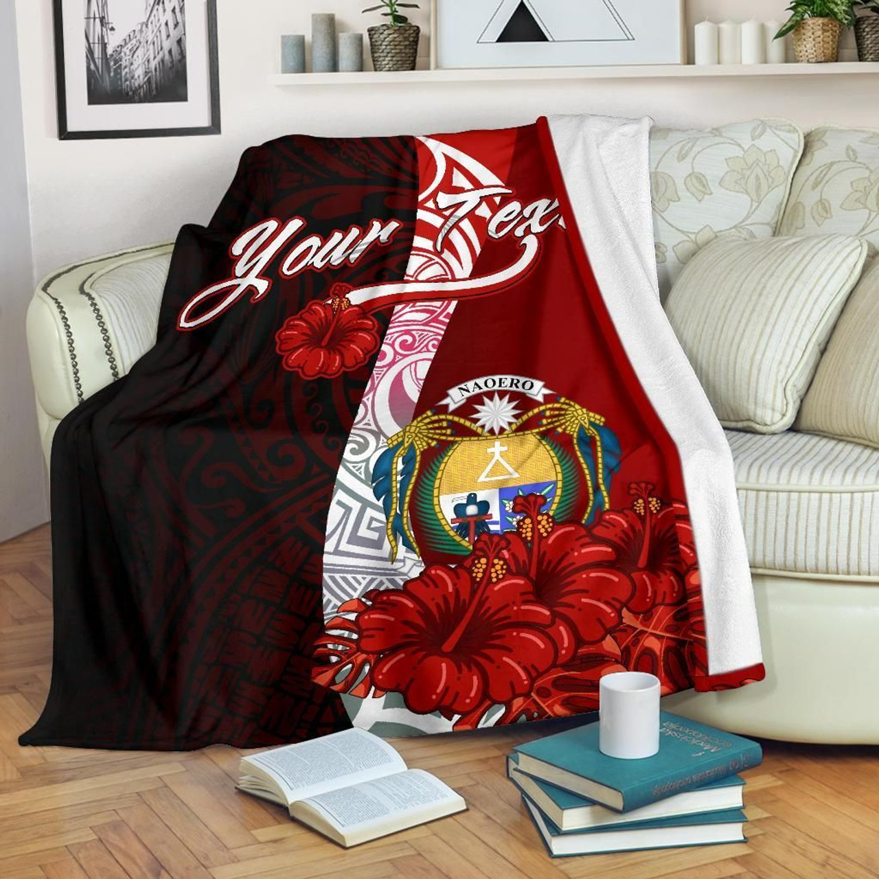 Nauru Polynesian Custom Personalised Premium Blanket - Coat Of Arm With Hibiscus 1