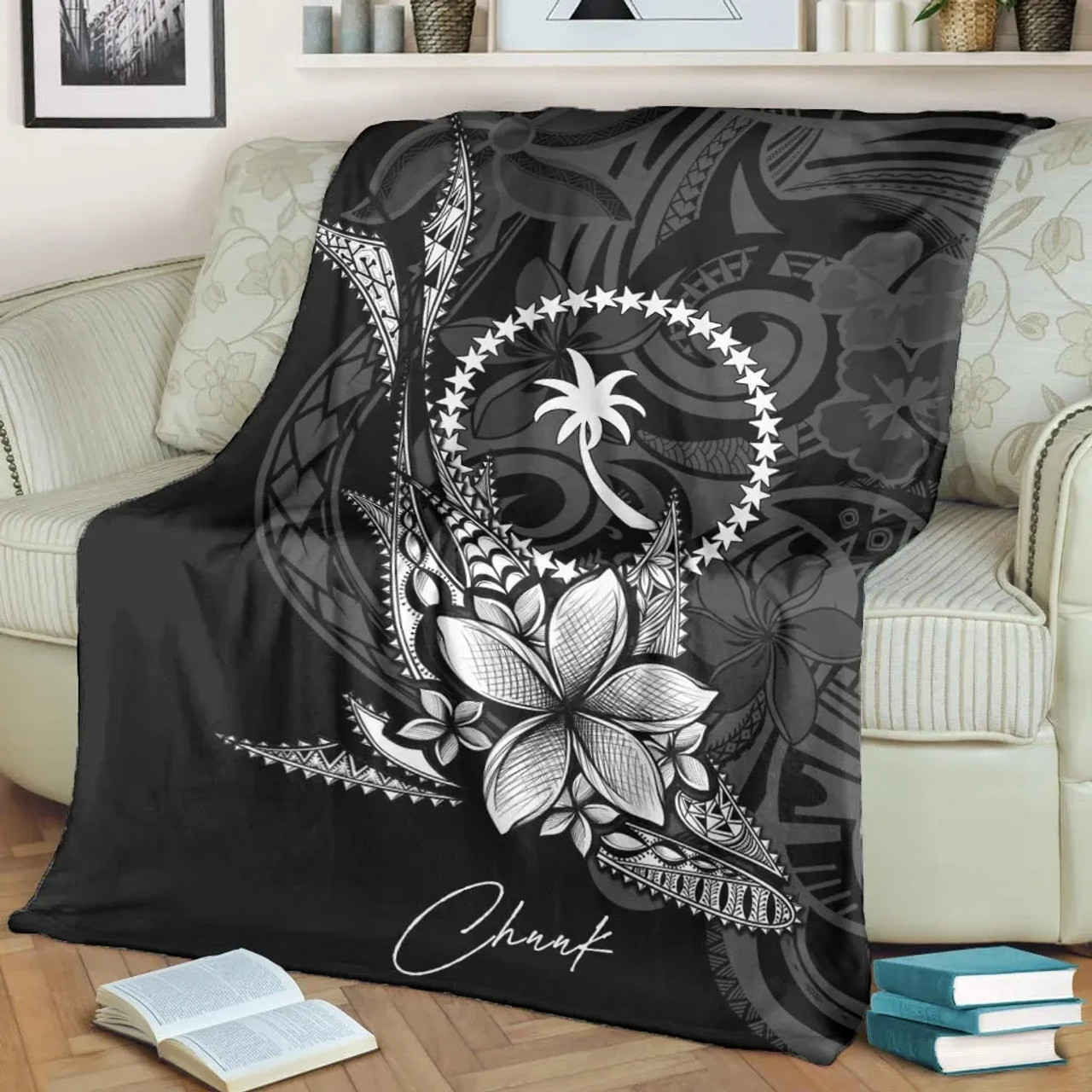 Chuuk State Premium Blanket - Fish With Plumeria Flowers Style 2