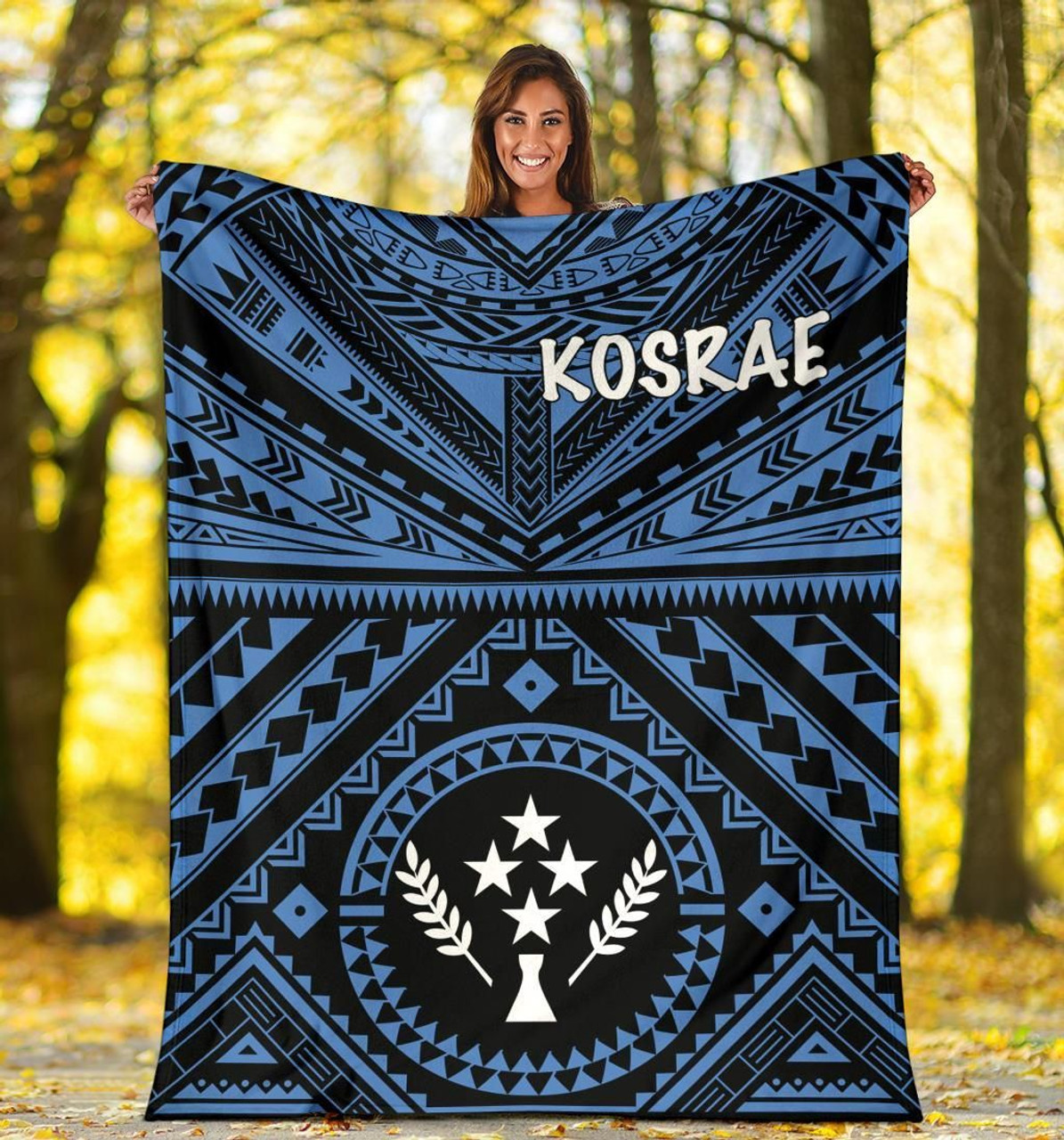 Kosrae Premium Blanket - Kosrae Flag In Polynesian Tattoo Style (Blue) 3