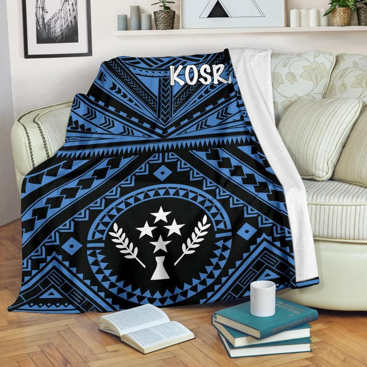 Kosrae Premium Blanket - Kosrae Flag In Polynesian Tattoo Style (Blue) 6