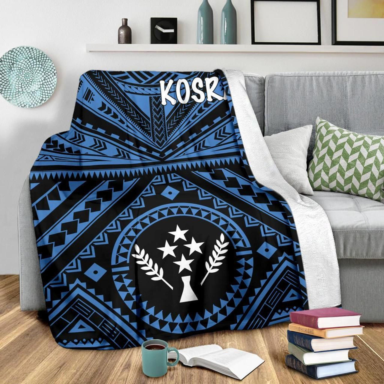 Kosrae Premium Blanket - Kosrae Flag In Polynesian Tattoo Style (Blue) 7