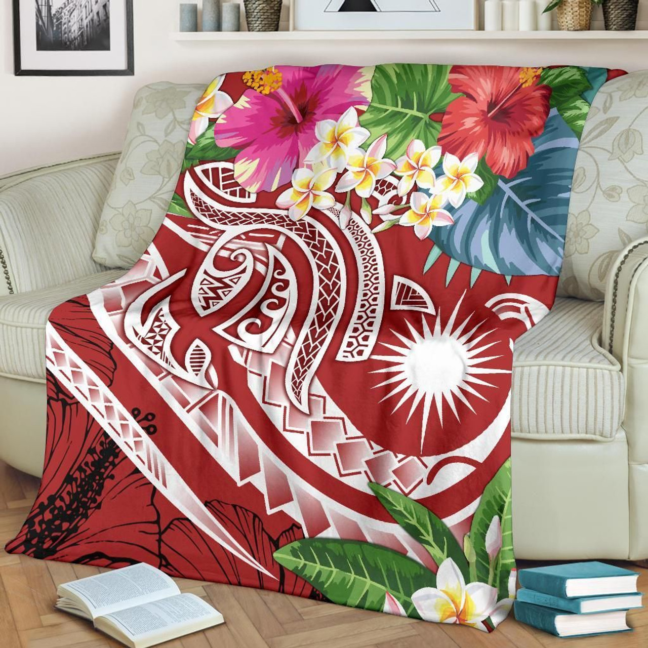 Marshall Islands Polynesian Premium Blanket - Summer Plumeria (Red) 2