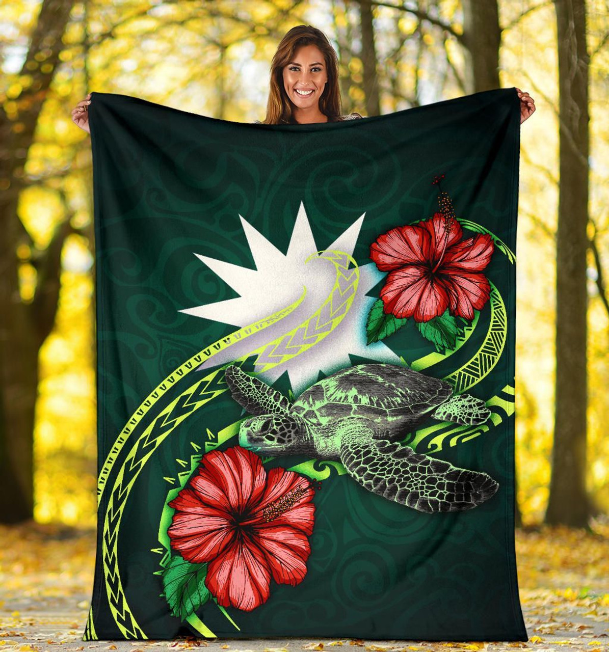 Nauru Polynesian Premium Blanket - Green Turtle Hibiscus 5